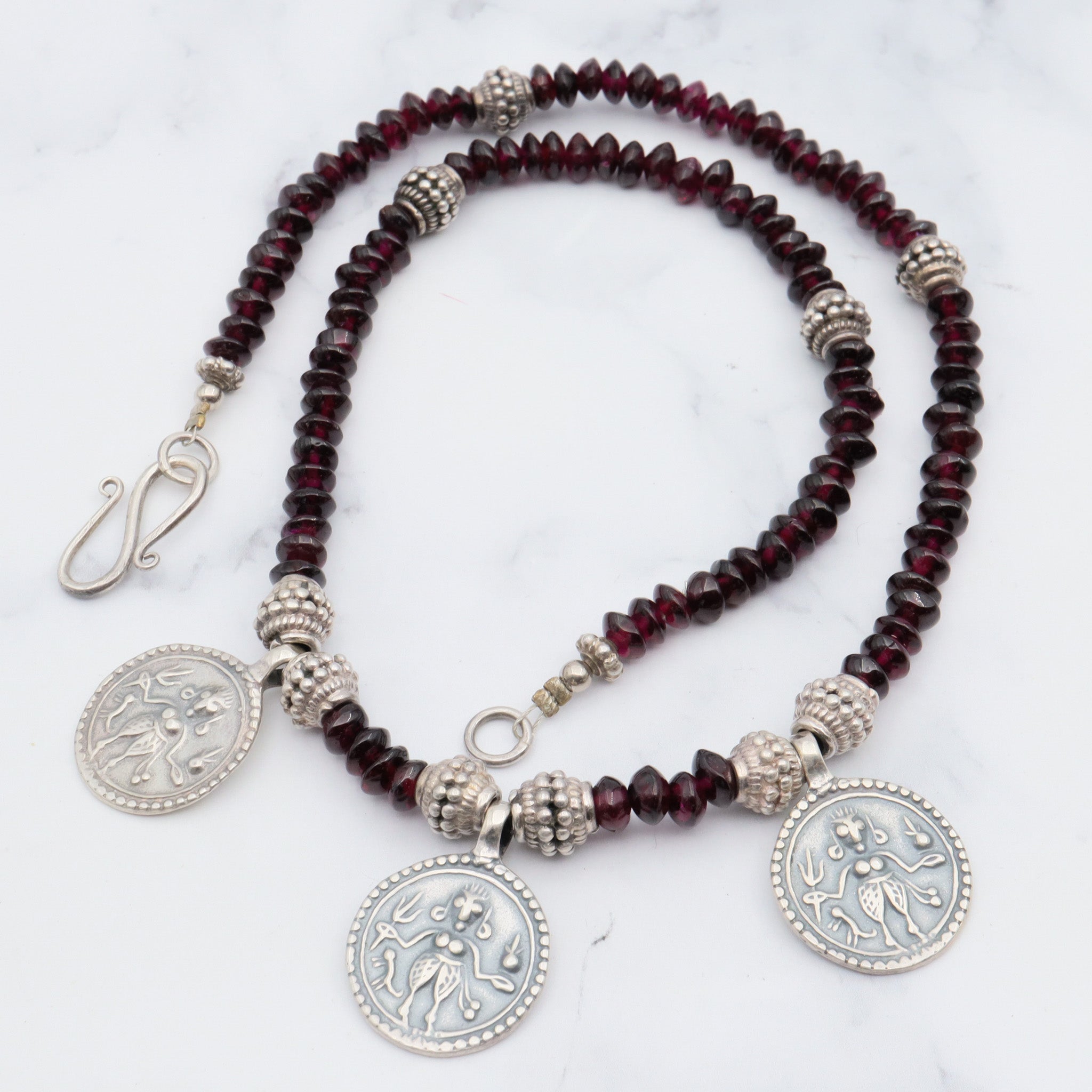Vintage sterling garnet tribal necklace, 18"